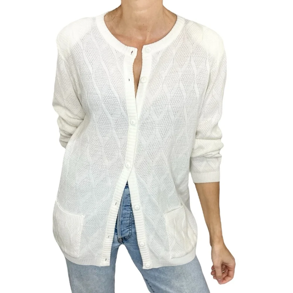Vintage 80s 90s ivory white lattice knit grandma cardigan sweater